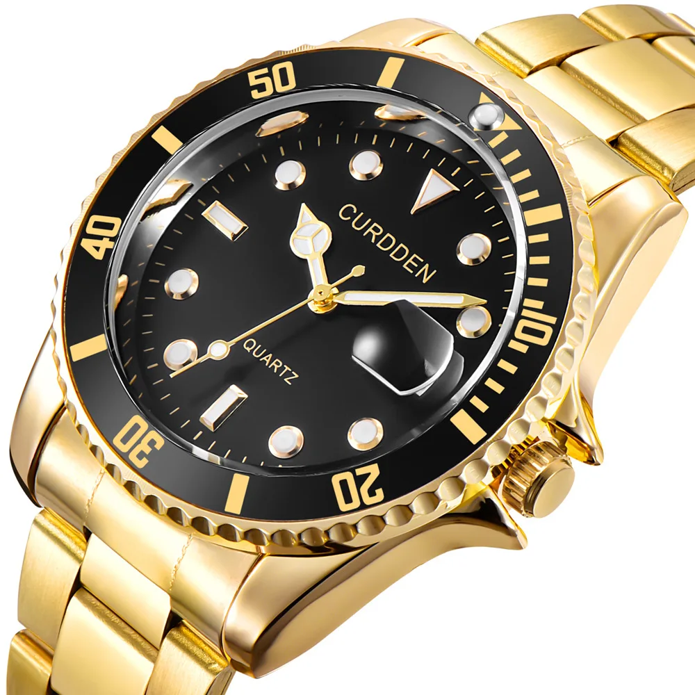 New Black Gold Watches for Men Water Ghost Watch Luxury Steel Strap Calendar Quartz Wristwatches Male Clock Relogio Masculino