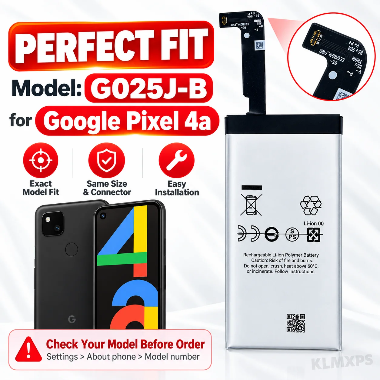 3080mAh G025J-B Battery Replacement for Google Pixel 4a Li-Polymer Battery with Repair Tool Kit