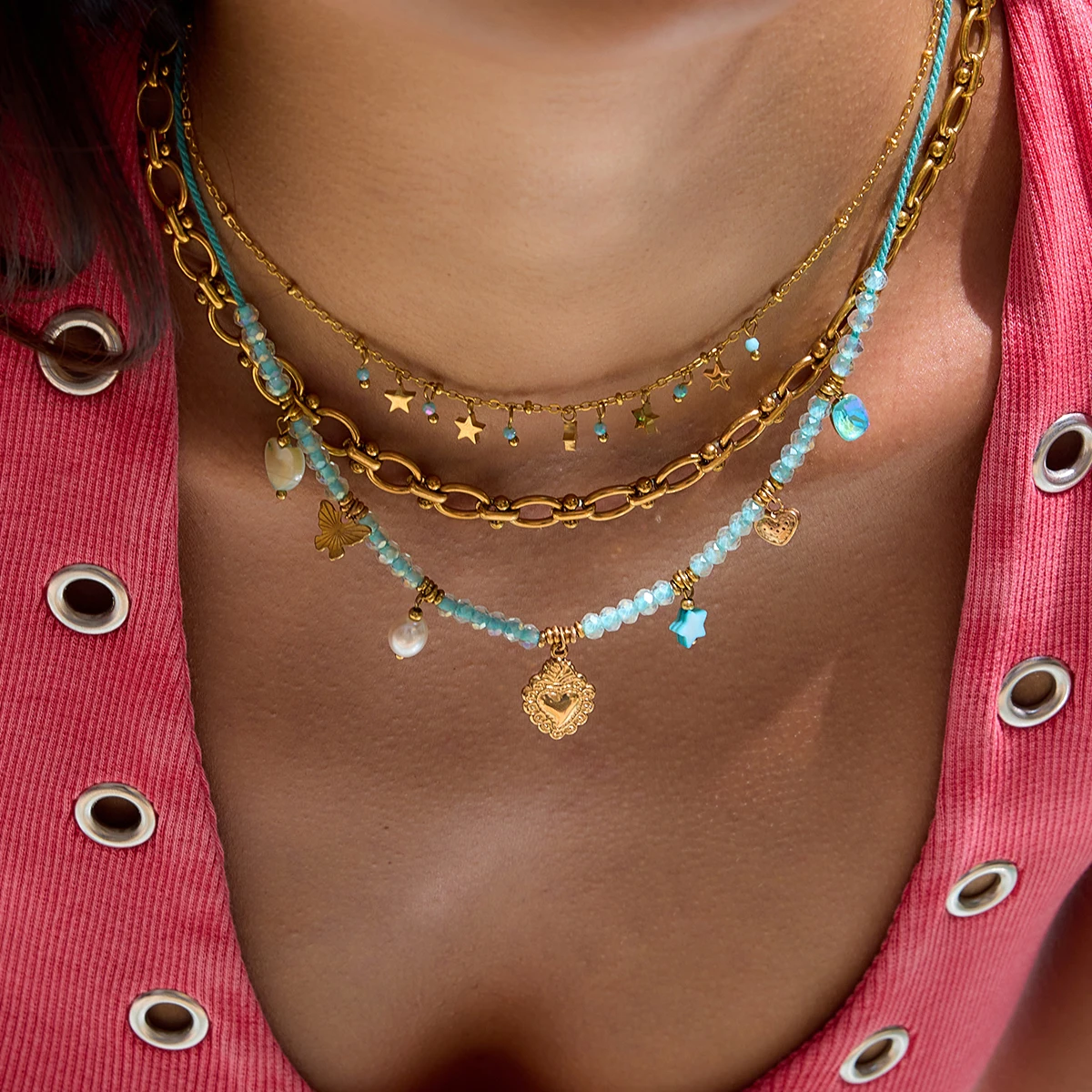 

AIKOER Ocean Vacation Style 18K Gold Color Stainless Steel Heart shaped Butterfly Pendant Necklace Freshwater Pearl Shell Blue C