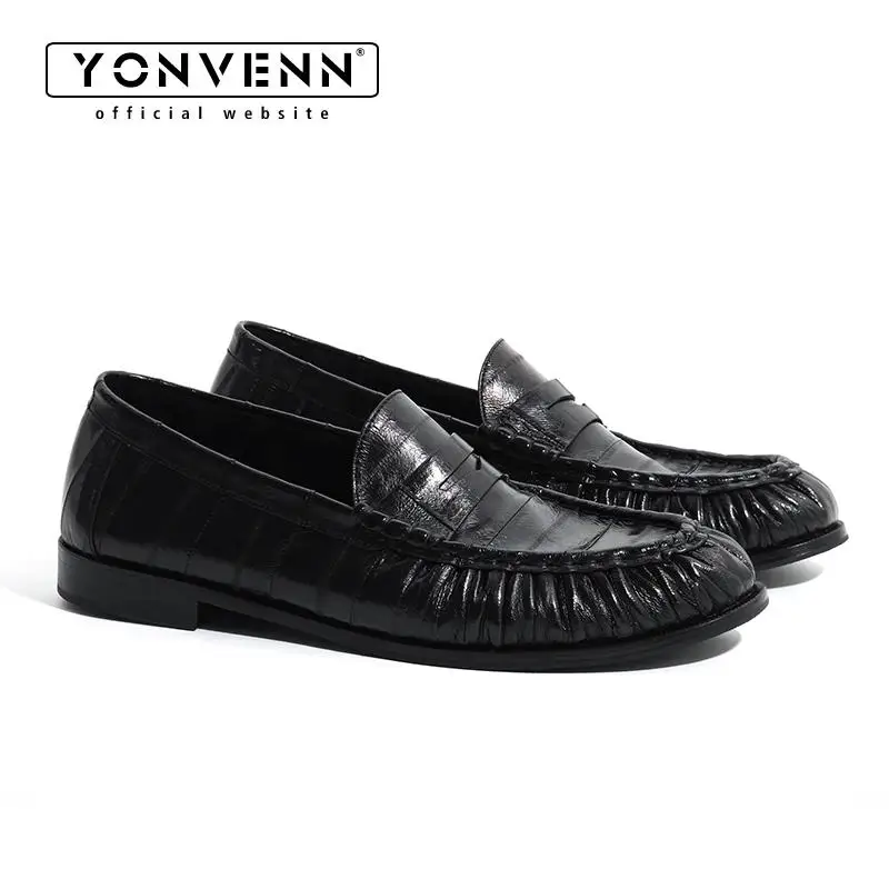 Loafers for men's eel skin pleated design a top layer cowhide slip in formal dress shoe suitable for casual work and commuting