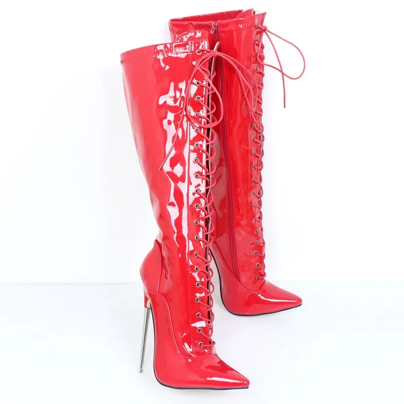 CACA 18cm Metal Heel,Women Knee High Boots,Night Club Stage Pole Dance Shoes,Long Botas,Patent Leather,Red,Black,Custom Colors