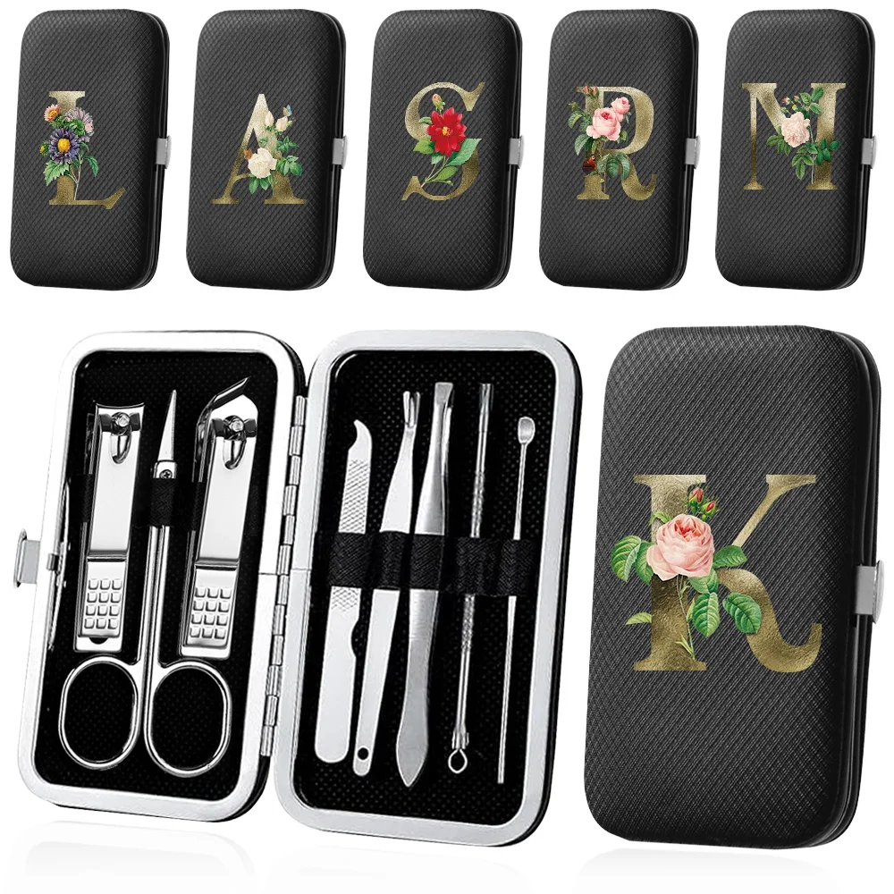 

8Pcs Portable Nail Clippers Set Stainless Steel Manicure Tool Pedicure Kit Organizer PU Zipper Case Golden Flower Letter Pattern