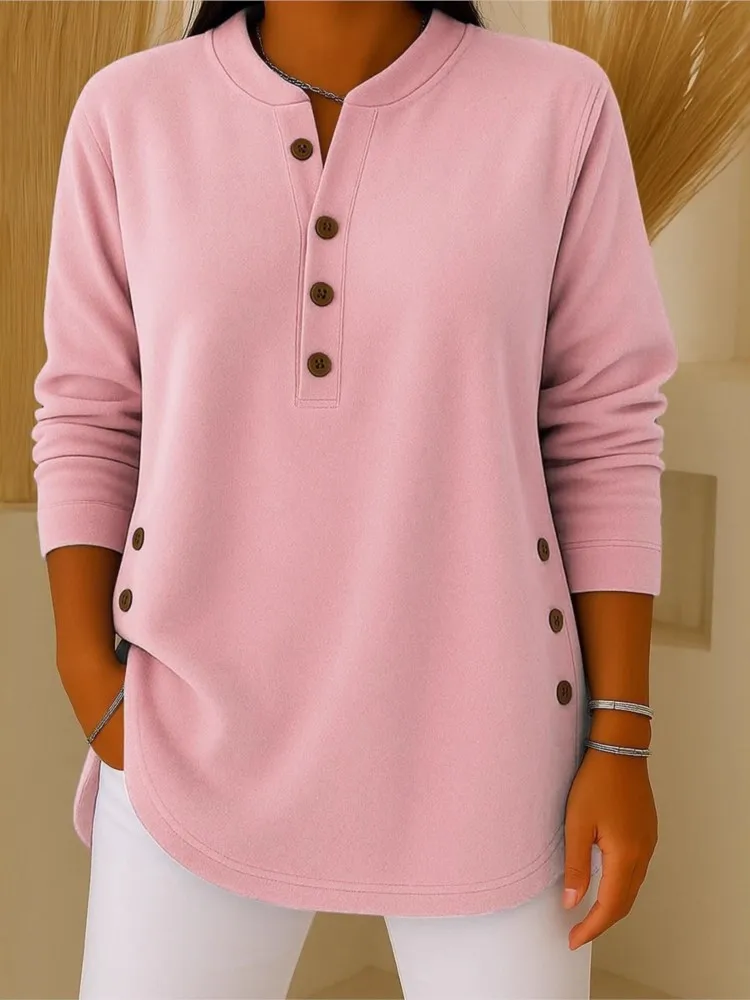 Casual Solid T Shirt For Women Fashion O Neck Long Sleeve Button Pullover Tee Shirt Femme Holiday Women's Clothing Autumn New