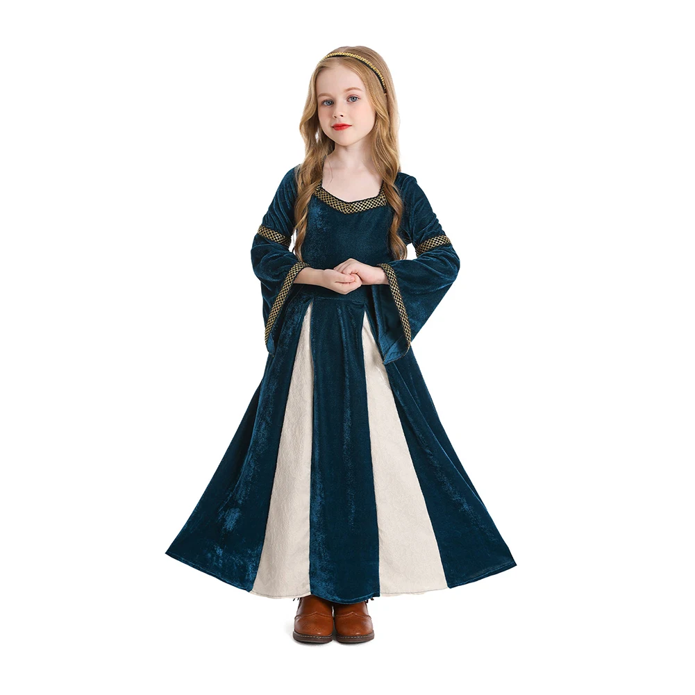 Wholesale Medieval Princess Cosplay Role Play Child Girl Navy Blue Flare Sleeve Dress Gown Renaissance Stage Performance Costume