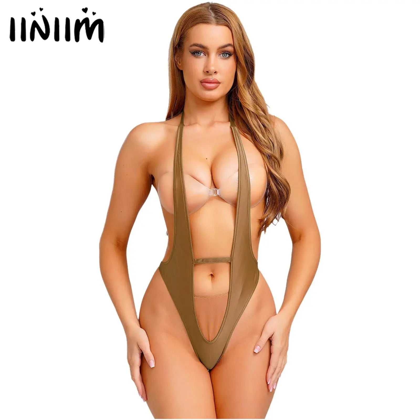 

Womens Lingerie Sling Shot Bodysuit Swimsuit Satin One Piece Mankini Swimwear Halter Plunging V Neck Backless Bathing Suit