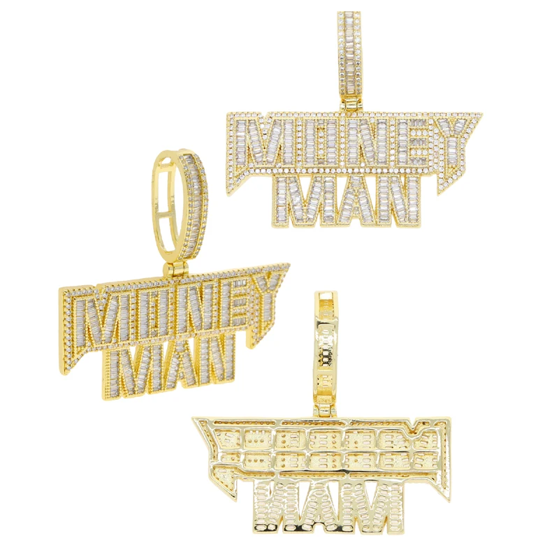 

Letter Money Man Pendant Necklace Iced Out Bling 5A CZ Cubic Zirconia Hip Hop Jewelry