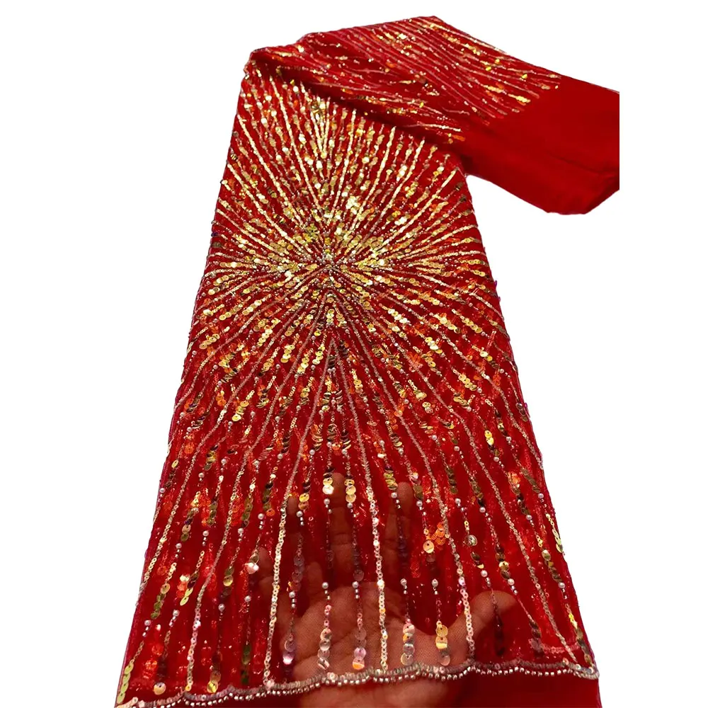 

Latest Red African Lace Fabric 2023 High Quality Sequins Groom Embroidery Women's Wedding Party Dress Mesh Fabric Size 5 C33023