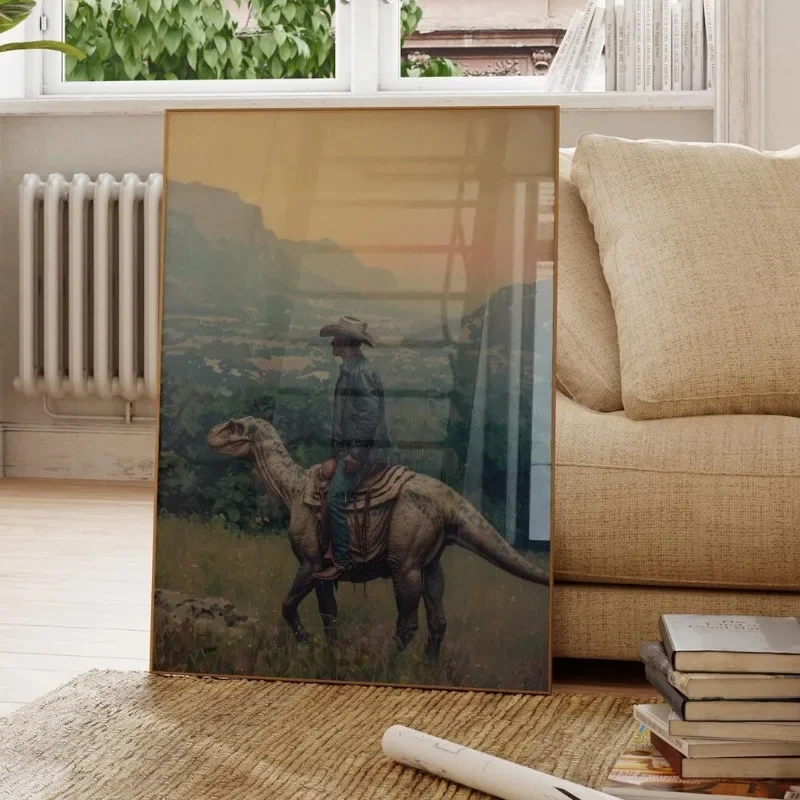 Vintage Dinosaur Cowboy Poster Western Jurassic Dinosaurs Canvas Painting Funny Wall Art for Living Room Home Decor Gift Mural