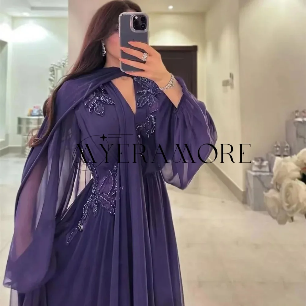 فساتين سهرة رائعة على شكل حرف V وأكمام طويلة مزينة بالخرز على شكل حرف A فساتين حفلة موسيقية مخصصة من فساتين السهرة