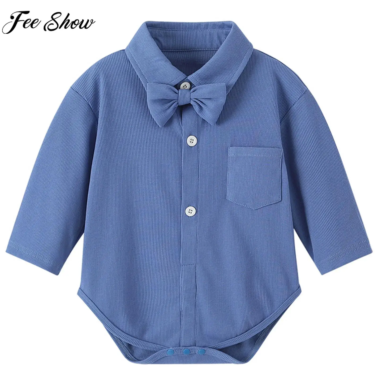 

Baby Boys Formal Gentlemen Shirt Rompers Christening Baptism Wedding Party Church Costume Long Sleeve Lapel Bodysuit with Bowtie