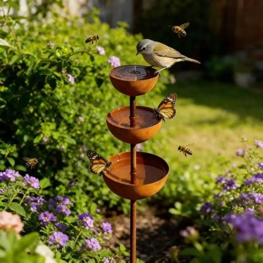 Vintage Wrought Iron Rainwater Collector, Integrated Bird Feeder and Bee Water Dispenser, Artificial Aged Rust Finish, Luxury Bird Bath, Outdoor Garden Water Feature, Attracts Hummingbirds, Wild Birds, and Insects, Garden Lawn Decoration for Spring, Garden Ornament