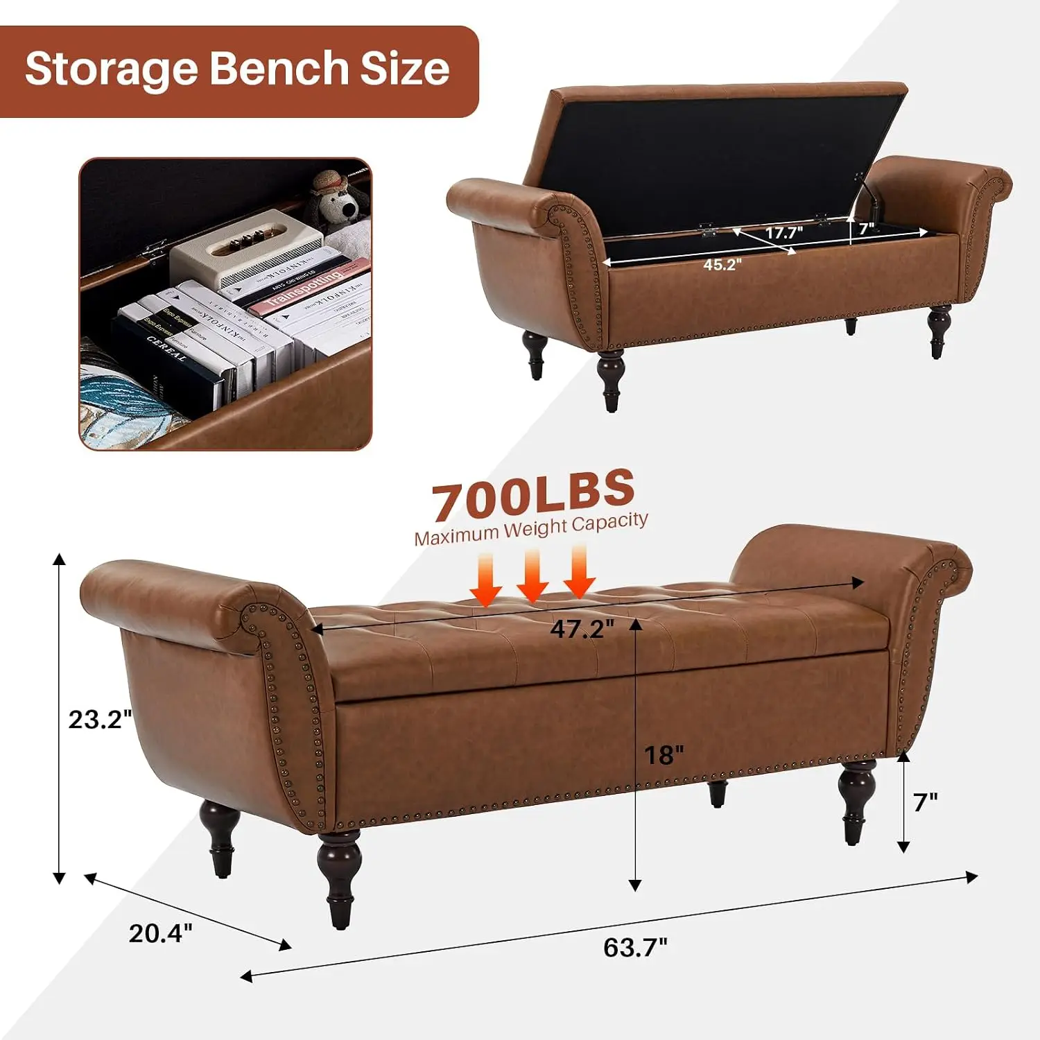 Upholstered Ottoman Foot Rest With Rolled Arms For Bedroom Living Room Holds Up To 700 Lb Brown