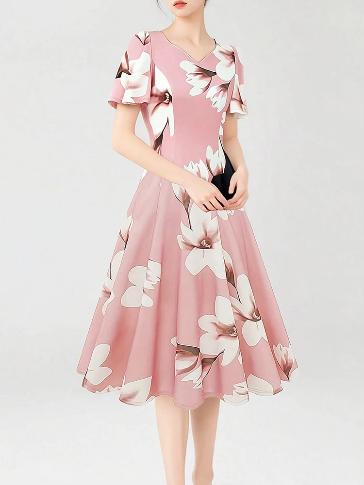 Bellissimo abito estivo con stampa floreale Abiti lunghi midi con maniche A-line Abiti da donna eleganti rosa Abbigliamento donna