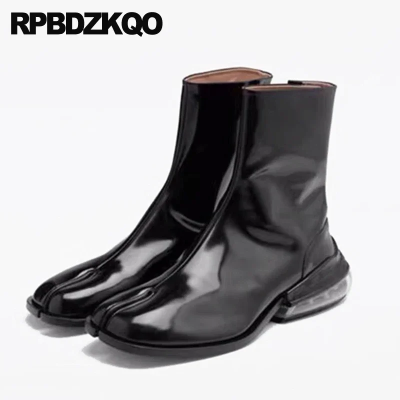 2022 Short Runway Ankle Mens Black Patent Leather Boots Full Grain Fall Plus Size Genuine Chunky Big Designer Shoes Split Toe