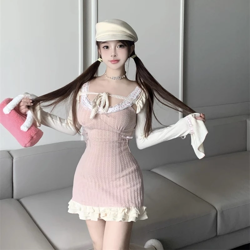 Lace Japanese Sweet Lolita Two Piece Set Women Bow Kawaii Party Mini Dress Suit Female Korean Fashion Princess Set Winter 2023