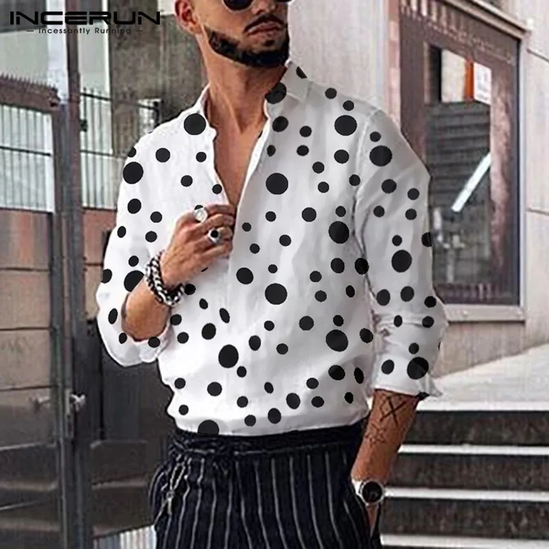 INCERUN Men\'s Shirt Polka Dot Print Lapel Long Sleeve Casual Men Clothing Streetwear 2024 Spring Fashion Leisure Camisas S-5XL