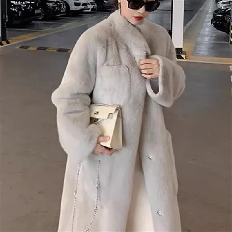 Korean Faux Fur Jacket Women Winter New Fashion Stand Collar Pockets Mid-Length Lamb Thick Fur Coat Female Loose Overcoat W507