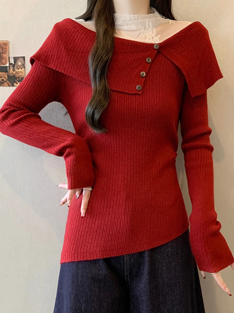 

Korean Sle Long Sve Knitted Top Women's Spring Faion oulder Bared Splicing Slimming Base irt Outerwear