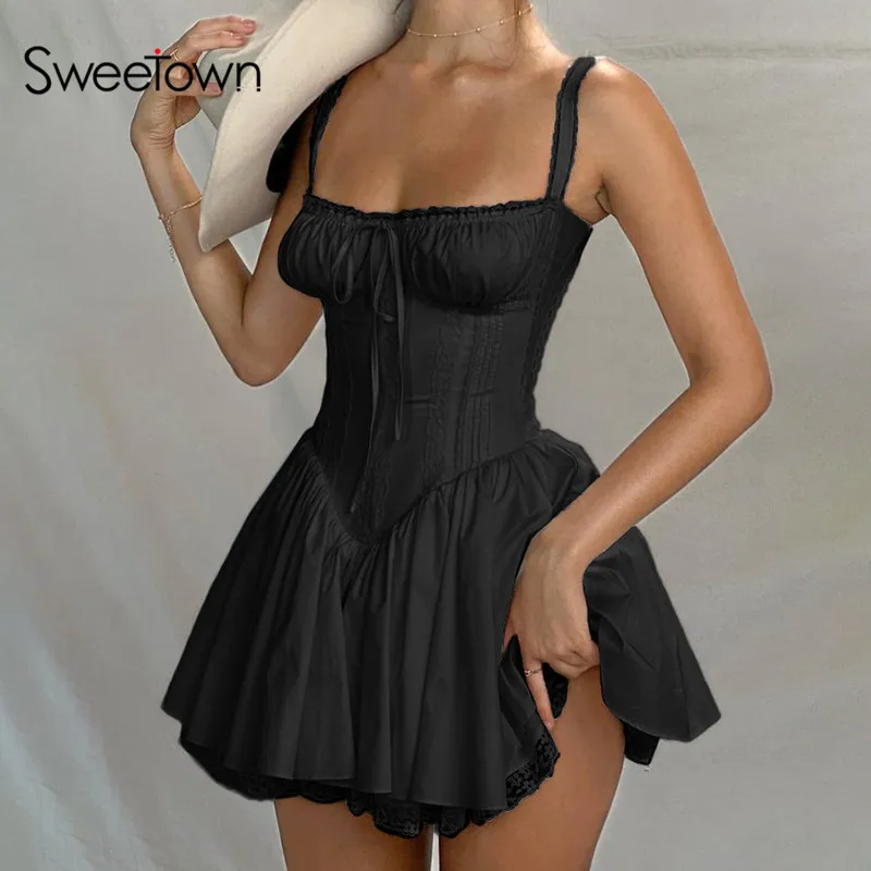 

Sweetown Korean Style Sleeveless Black Fit And Flare Dresses Lace Patchwork Elegant Sexy Ladies White Mini Dress Summer