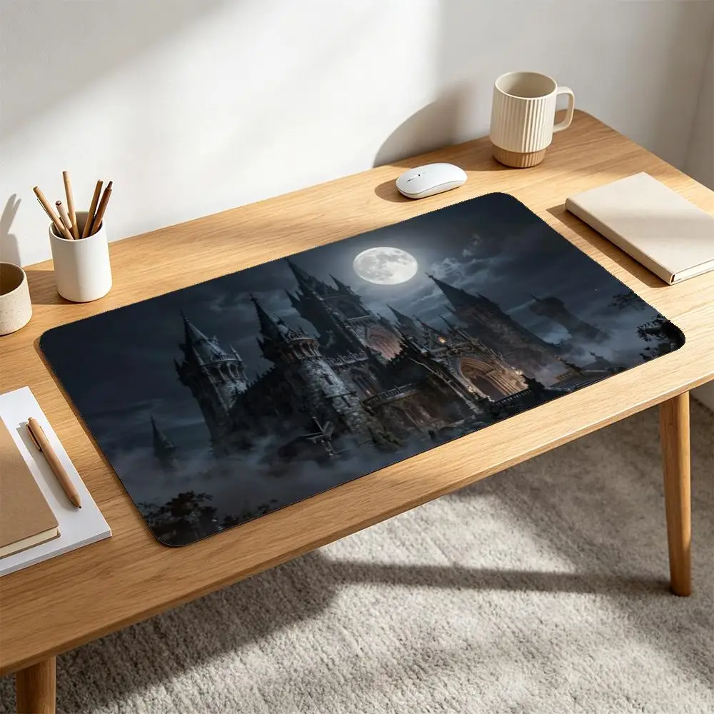 Misty Night Gothic Castle Fantasy Art Playmat, Non-Slip Rubber Large Desk Pad, Gaming Mousepad for Trading Card Game PC Gaming