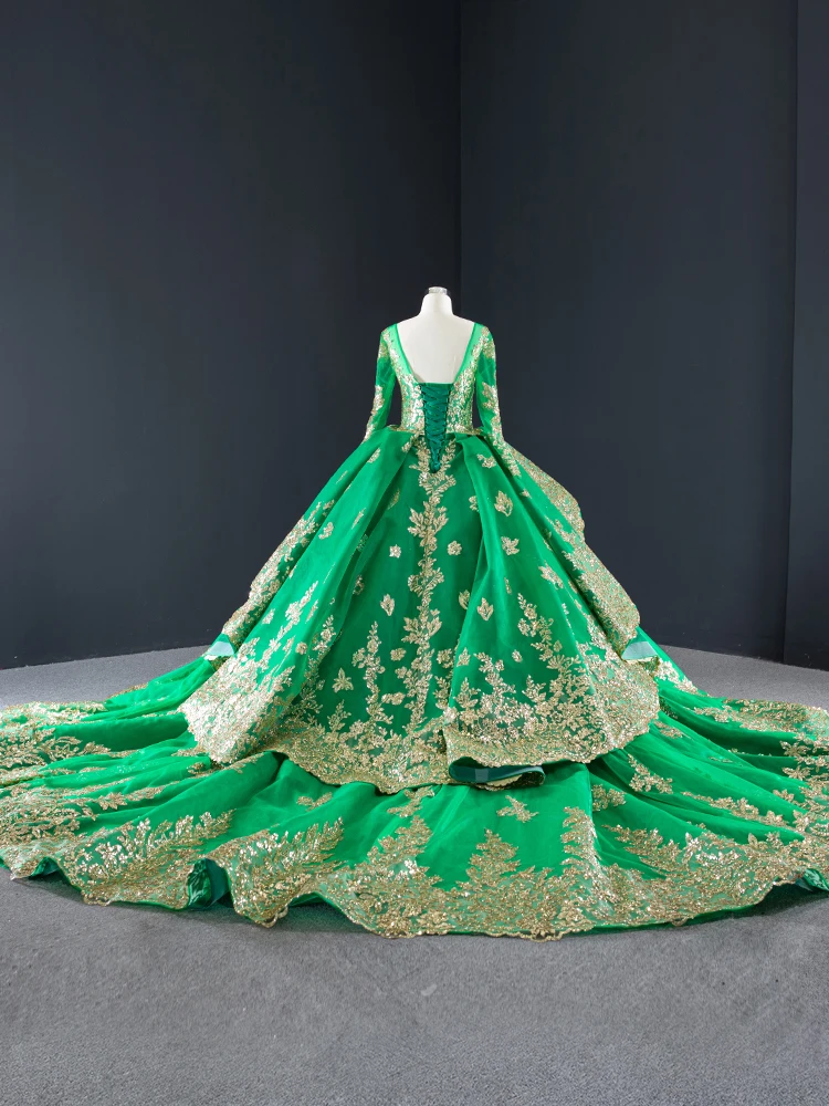 Green Charro Quinceanera Dresses Ball Gown Long Sleeves Tulle Appliques Puffy Mexican Sweet 16 Dresses 15 Anos