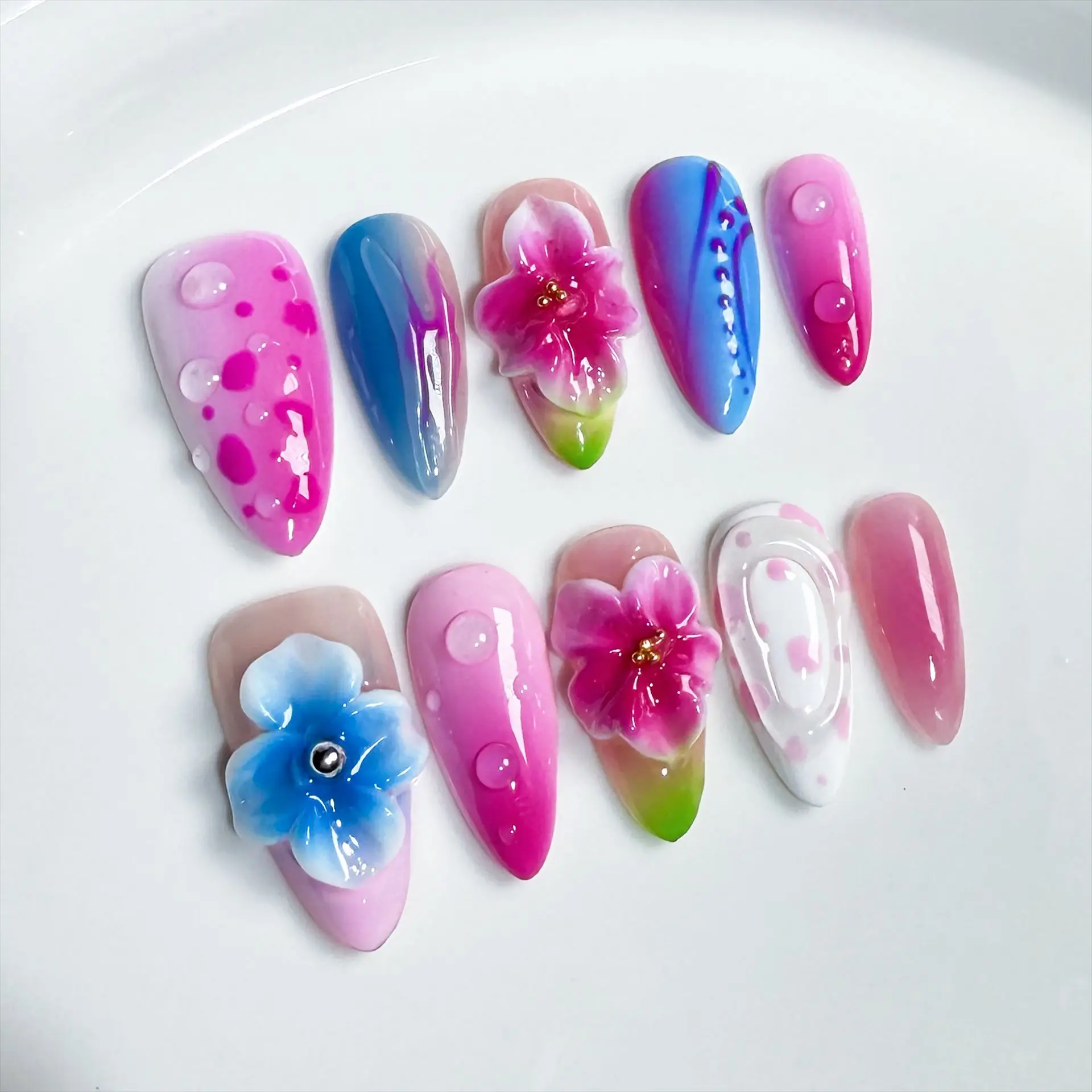 10Pcs Handmade Press on Nails Full Cover Color Collision 3D Carved Ice Powder Blush French Almond Wearable False Nail Spice Girl