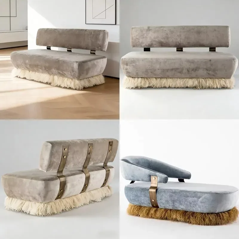 Luxury upholstered velvet sofa, suitable for living rooms and villas, two-seater, stainless steel frame, with tassel