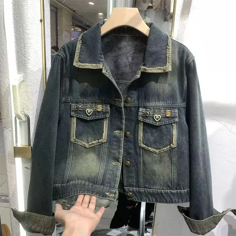 Fashion street denim jacket women's spring new Hong Kong style fringed design sense casual versatile short style jacket