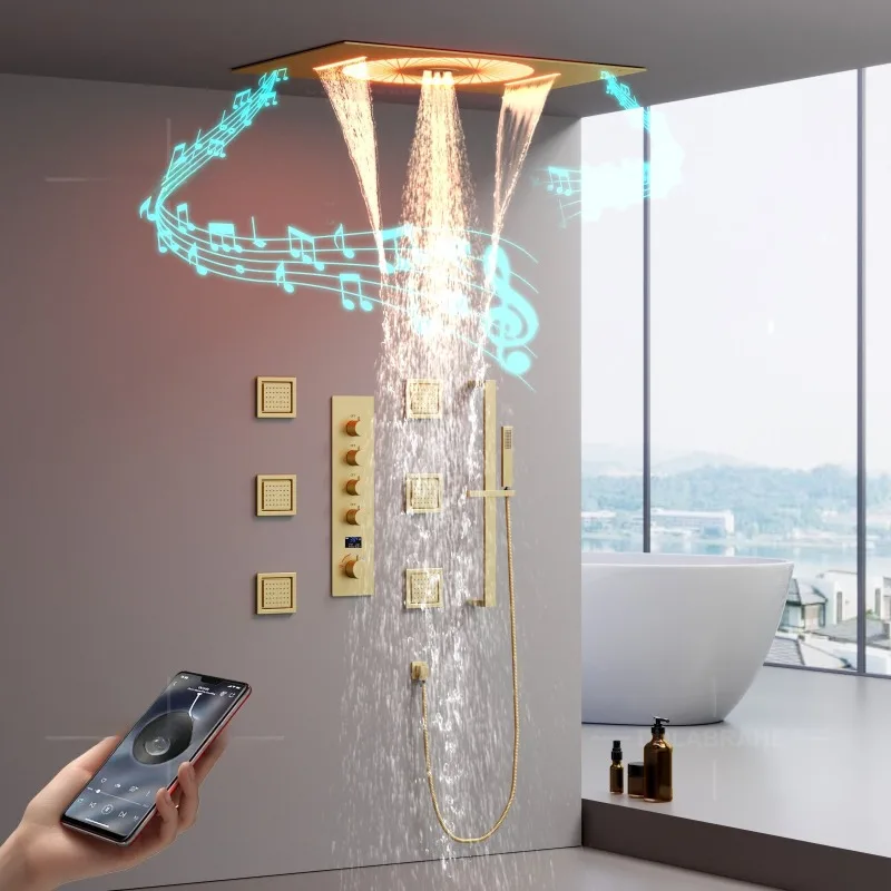 Brushed Gold 600x400mm Dual Function LED Music Top Spray Hotel B&B Hot and Cold Digital Display Shower Set
