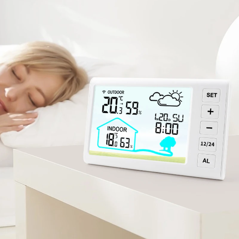 Indoor Digital Thermometer and Hygrometer, Mini LCD Wall Wireless, Multifunctional Mimi Clock with Humidity and Weather Station