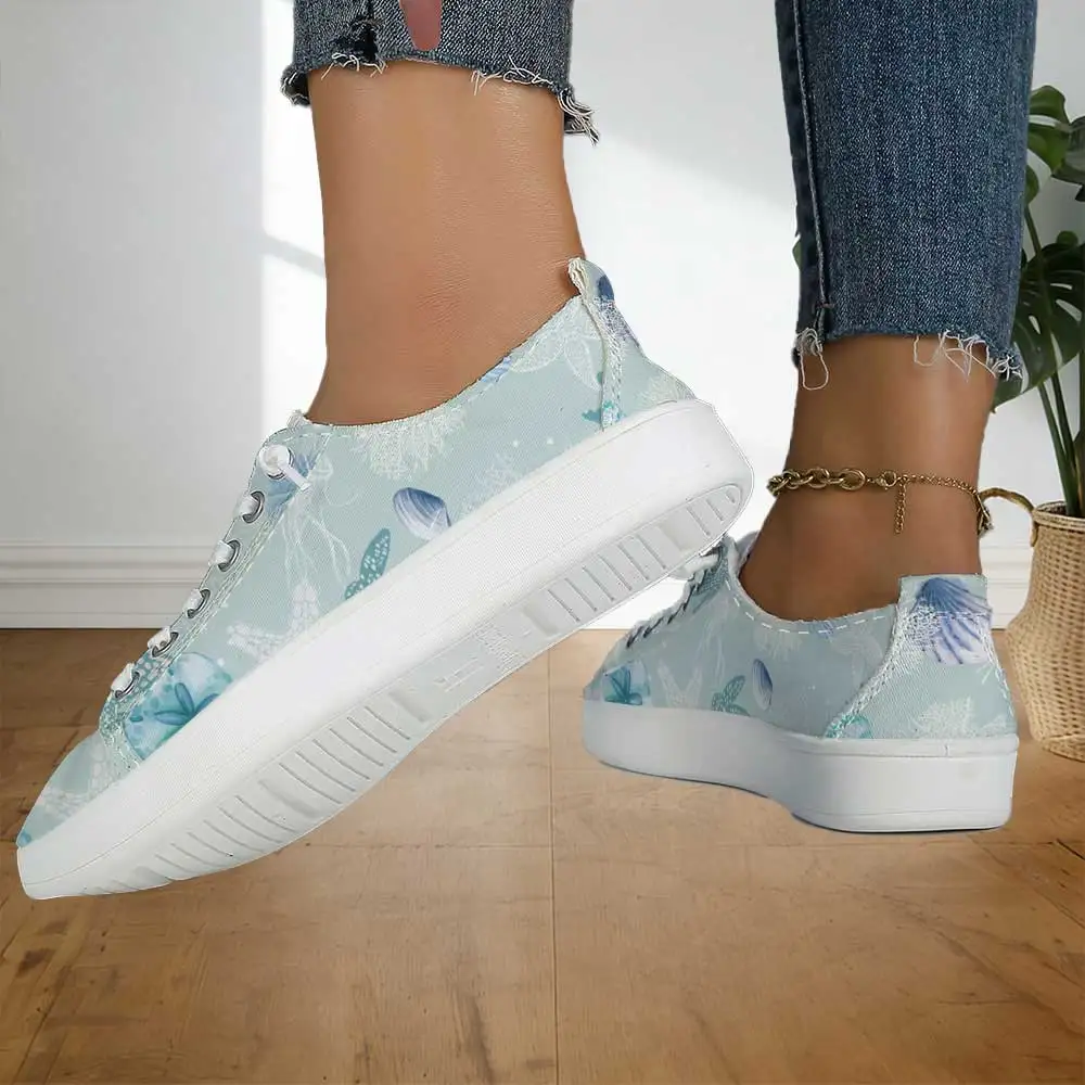 Fresh and Simple Ocean-Themed Starfish Print Canvas Shoes, Soft-Soled Breathable Slip-On Low-Cut Sneakers, Women's Flats