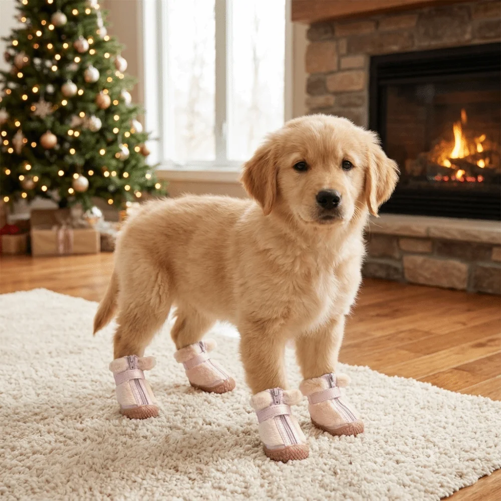 4 PCS/SET Plush Lined Winter Dog Snow Boots Comfortable Warm Anti-Slip Dog Shoes Anti-Freezing Soft Bottom Pet Paw Protection