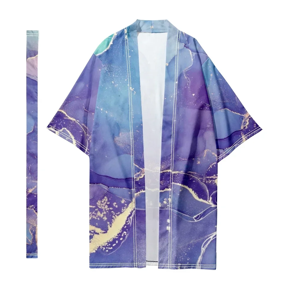 Casual Men's Japanese Long Kimono Marbling Kimono Harajuku Cardigan Samurai Bathrobes Kimono Shirt Yukata Jacket Elegant Cloak