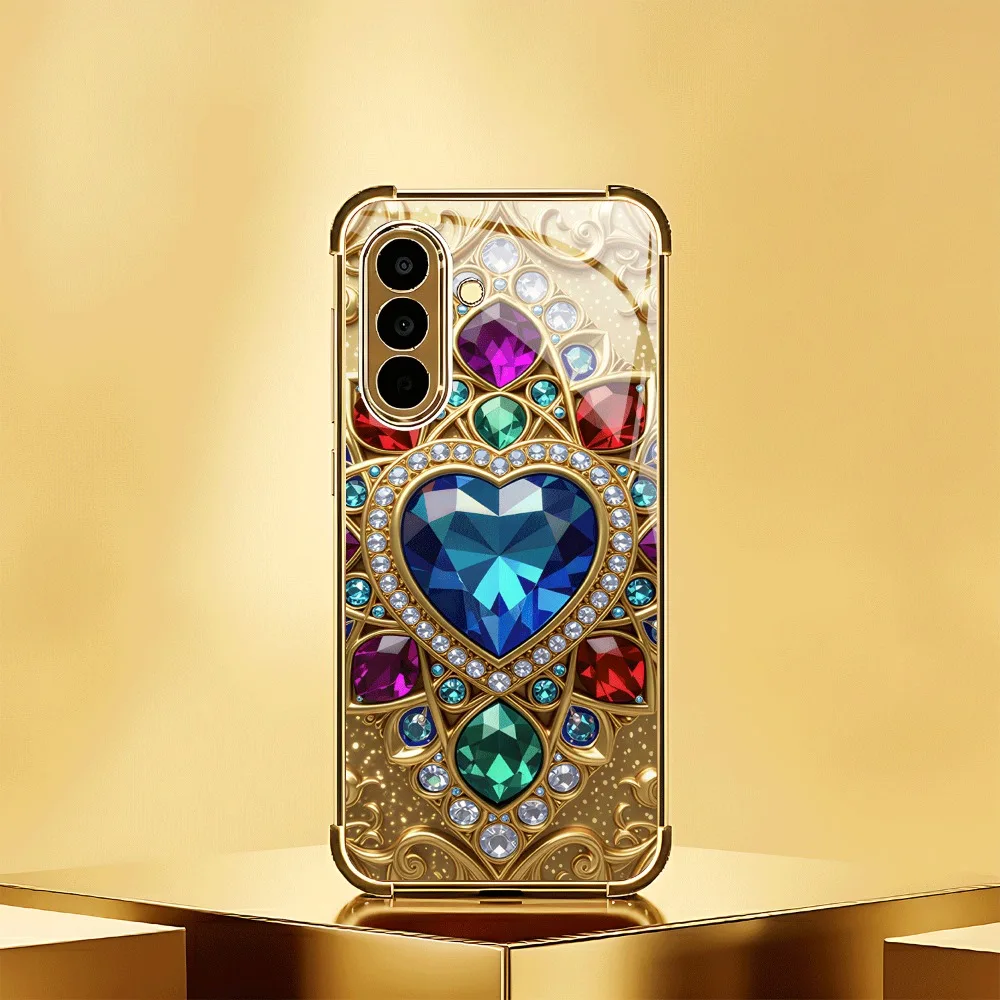 Gorgeous Gemstone Decorated pattern Gold Corner Glass Phone Case for Samsung Galaxy S21/22/23/24/25 /S21/22/23/24/25 ULTRA