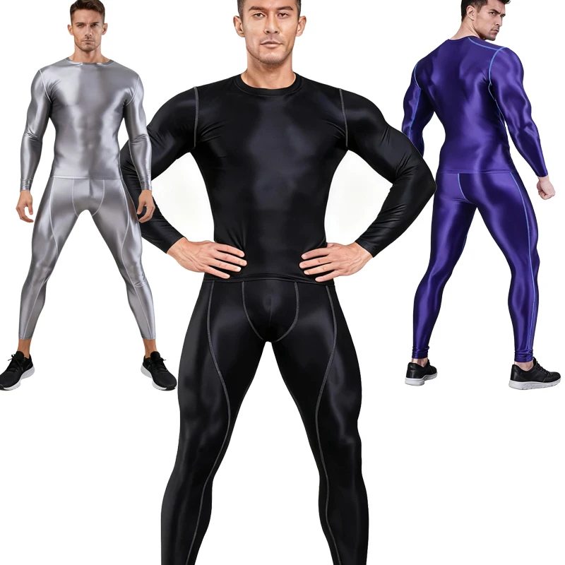 

Мужской глянцевый гладкий узкий купальник с длинными рукавами, топы + брюки для тренировок по йоге, спортивный бег, велоспорт, леггинсы, купальный костюм