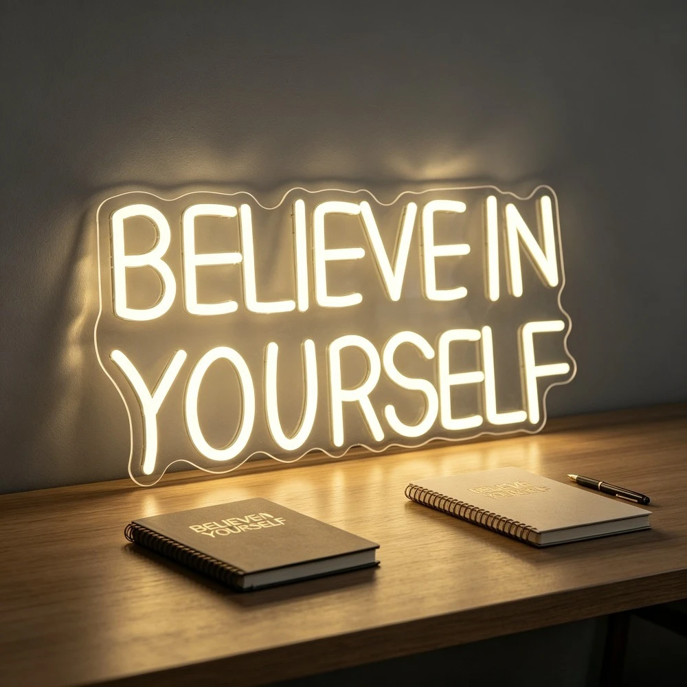 Desk Setup Inspiration - Insegna al neon 'Believe In Yourself'