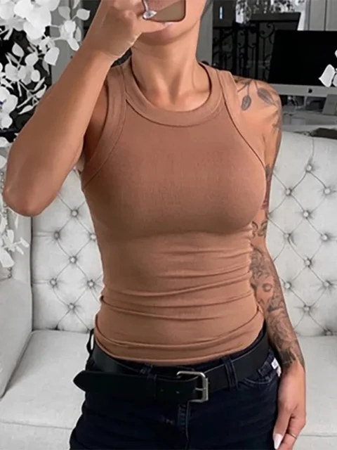 Damski solidny okrągły dekolt prążkowany podkoszulek Camisole damski letni podstawowy elastyczny podkoszulek O Neck solidny podkoszulek