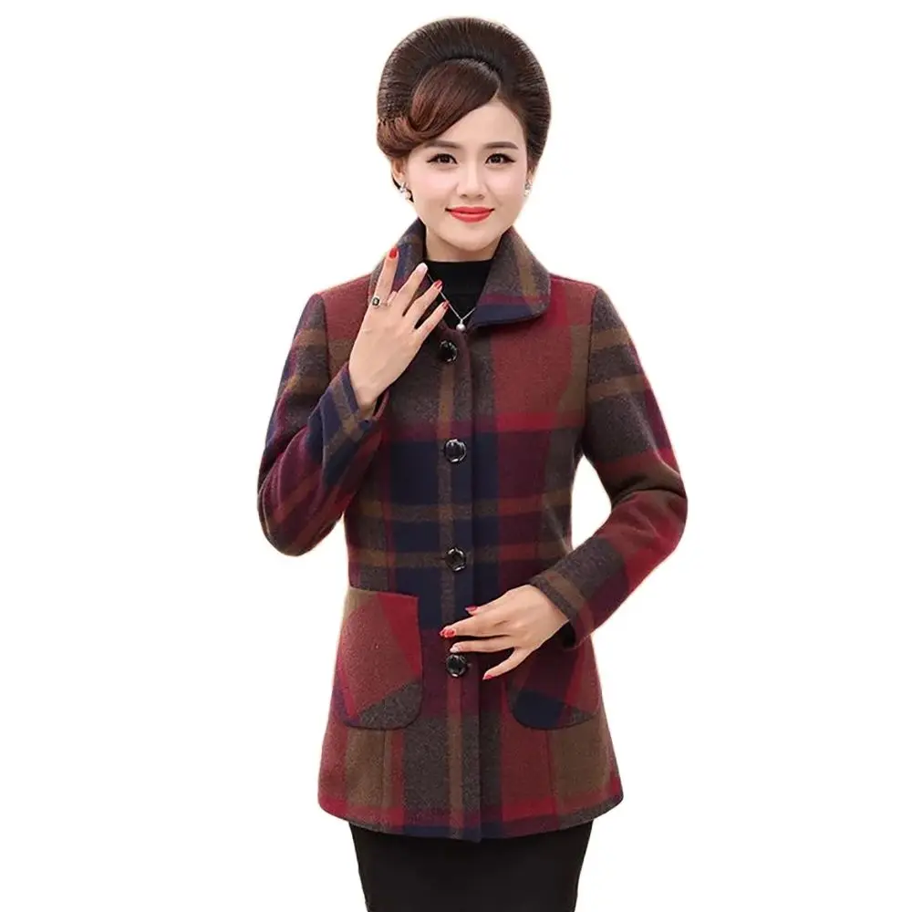 

Fashion Mothers Wear Woolen Coats In Autumn Winter Slim Plaid Suits New Lapel Woolen Loose For Middle-aged And Elderly Coats