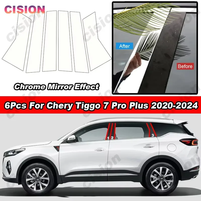 Glossy Chrome Car Door Window Center Middle B C Pillar Post Column Panel Cover Trim Sticker For Chery Tiggo 7 Pro Plus 2020-2024