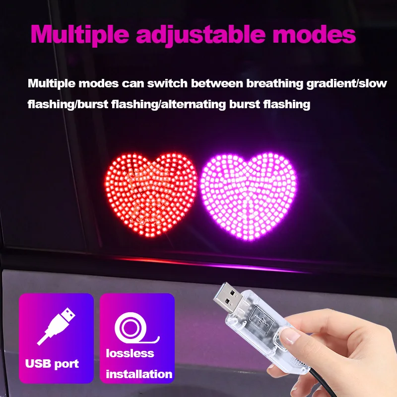 Heart-Shaped LED Car Interior Ambient Light Length 4M USB Windshield Window Decoration, DIY Installation Auto LED Ambient Lights