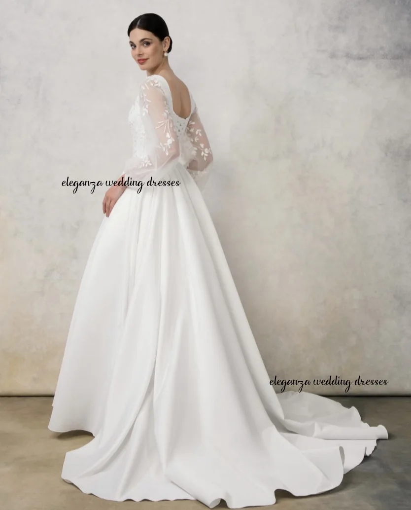 Customized Elegant square-neck wedding dress, satin long-sleeved women's wedding dress Vestido de novia 2025