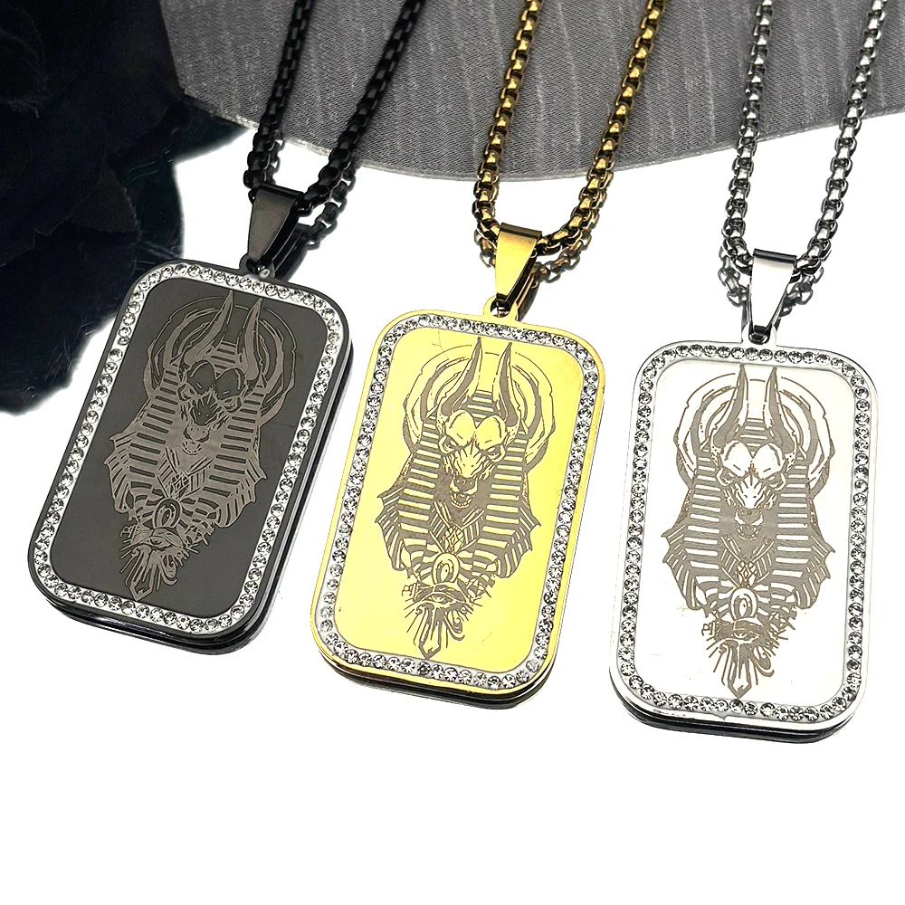 

Anubis God Egyptian Ankh Cross Stainless Steel Pendant Necklace for Women Men Eye of Horus Rhinestones Chain Necklaces Jewelry