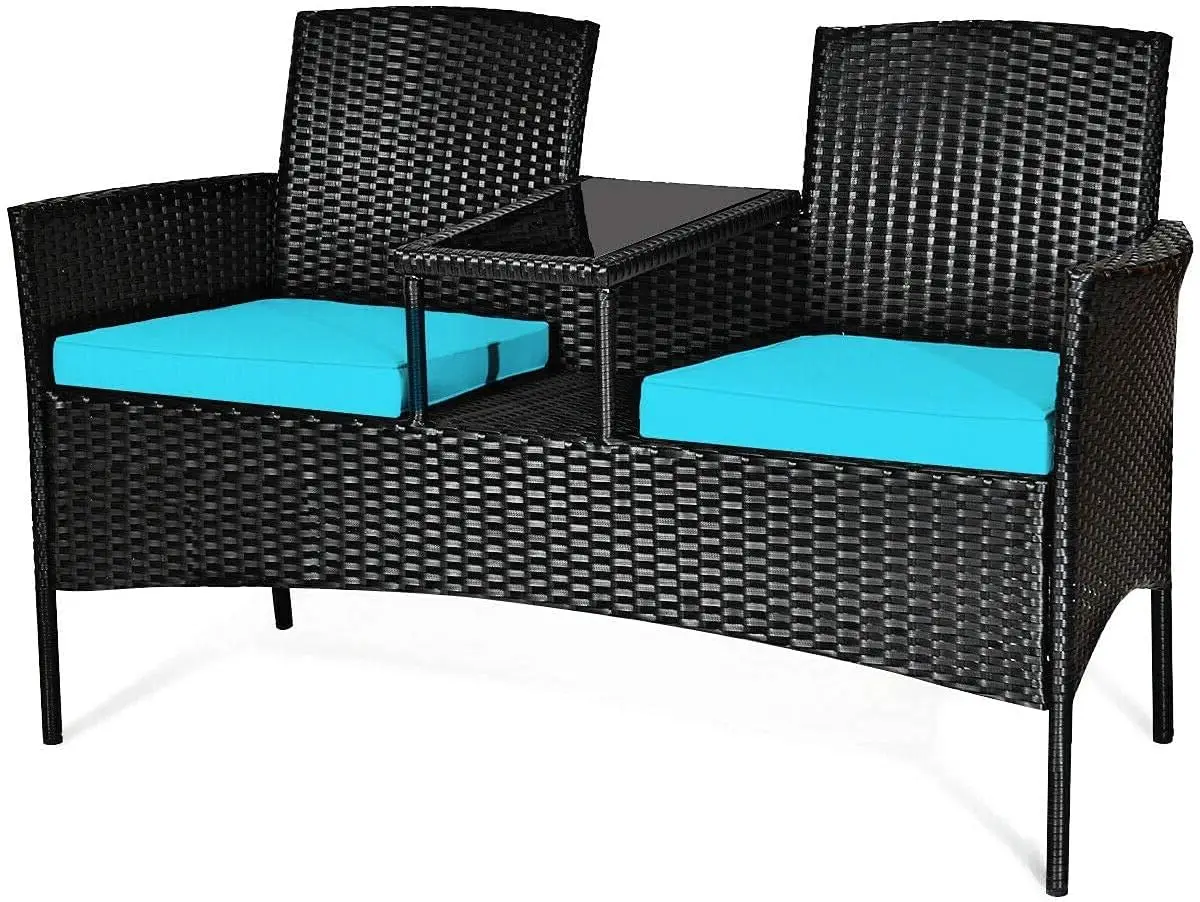 

Patio Conversation Furniture Set, Outdoor Wicker Rattan Loveseat Sofa Set w/Tempered Glass Top, 2 Removable Cushions & Coffee Ta