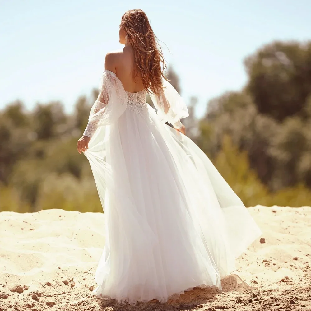 Vestidos De Novia De tul sexys, línea A, sin tirantes, con escote en forma De corazón, con abertura abombada, apliques De encaje personalizados, Vestidos De Novia