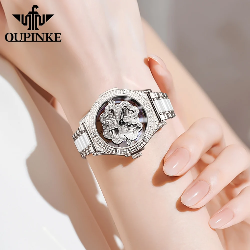 OUPINKE 3279 Reloj de mujer de marca de lujo Reloj mecánico automático movimiento suizo Reloj impermeable para mujer buena suerte Reloj caja de regalo