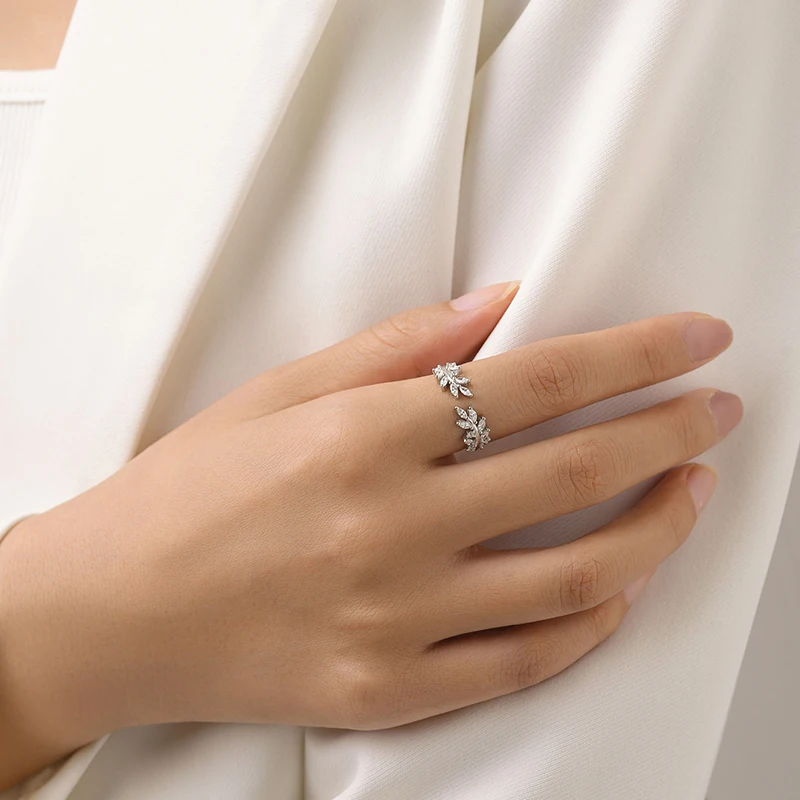 Ailmay Top Quality 925 Sterling Silver Charm Leaf Dazzling CZ Adjustable Finger Rings For Women Trendy Wedding Christmas Gifts