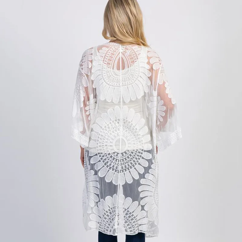 FORERUN – Cardigan Long en maille avec dentelle pour femmes, Kimono de plage, transparent, à motif de soleil et de fleur, pour les maillots de bain