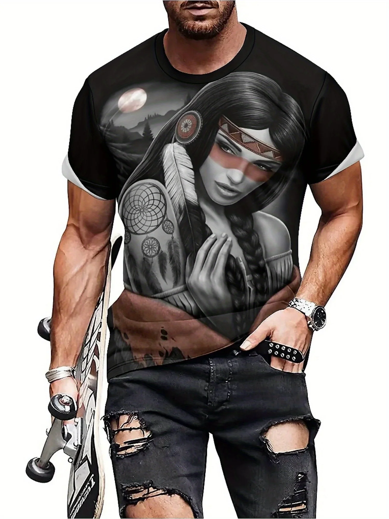 Luxurious Tribal Woman 3D Print T-Shirt for Men - Gothic, Vintage Y2K Style, Polyester, Breathable, All-Season Wear