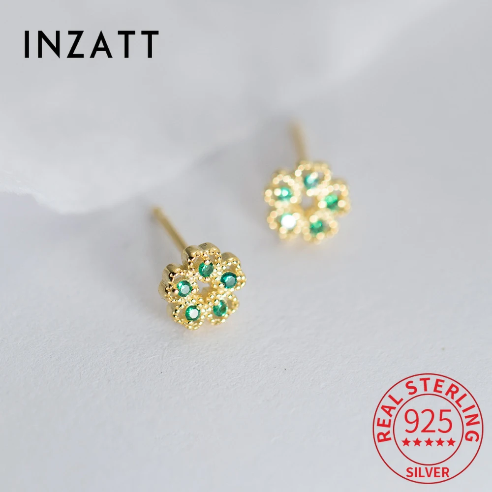 INZATT Real 925 Sterling Silver Emerald Zircon Flower Mini Stud Earrings for Women Cute Fine Jewelry Ear Hole Care Accessories