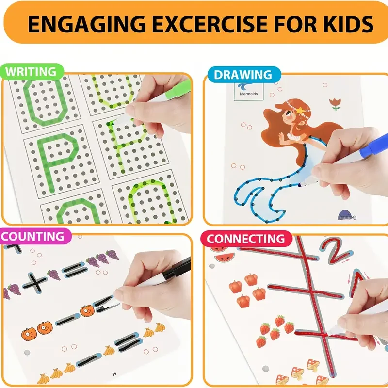Cuaderno de ejercicios de escritura de 48 páginas: libro de actividades de práctica de seguimiento y control de bolígrafo interactivo con páginas limpiables, duradero para edades de 3 a 8 años